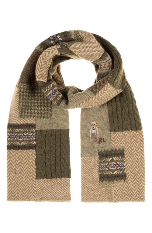 Polo Ralph Lauren Charles Bear Patchwork Wool Blend Scarf in Brown Multi at Nordstrom | Nordstrom