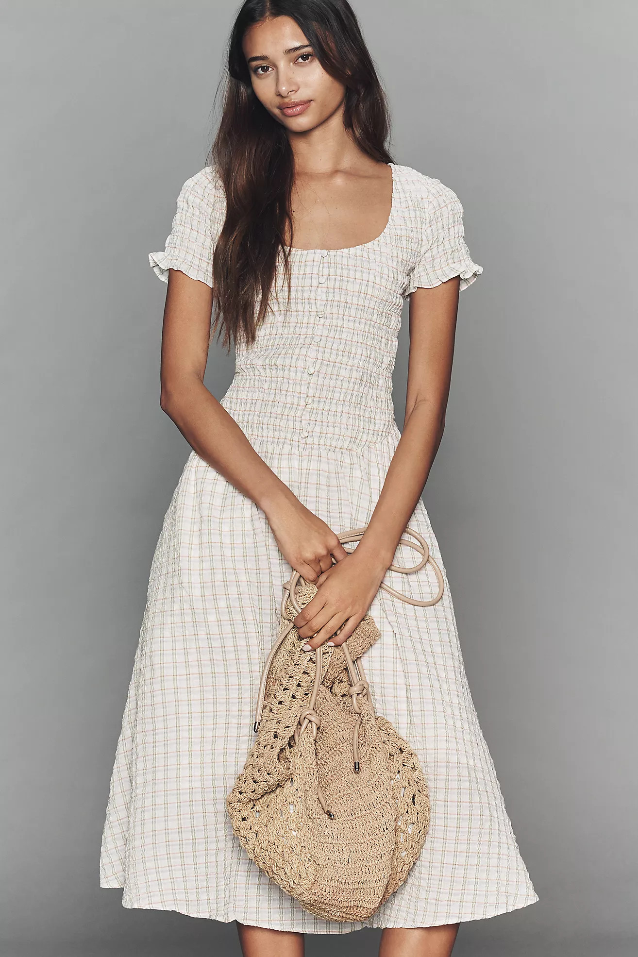 By Anthropologie Short-Sleeve Smocked Midi Dress | Anthropologie (US)