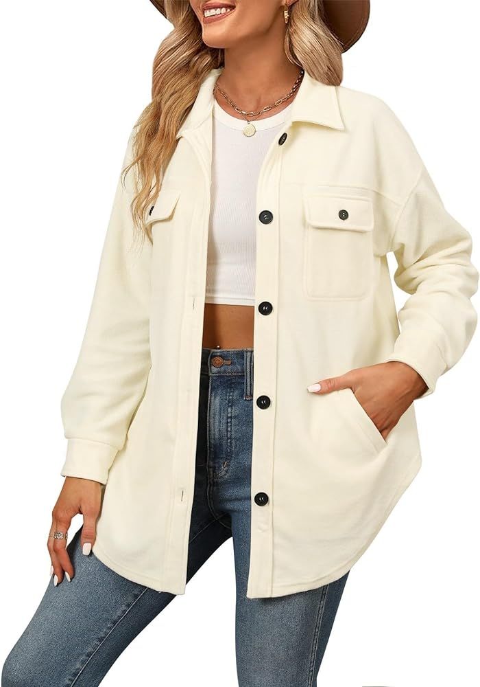 LUYAA Womens Button Down Shacket Long Sleeve Casual Shirt with Pockets Loose Collared Fuzzy Jacke... | Amazon (US)