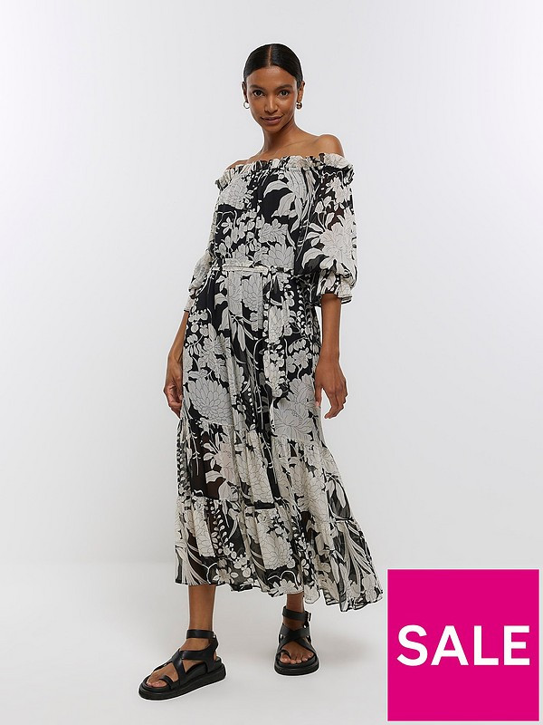 River Island Bardot Midi Dress - Black | Very (UK)