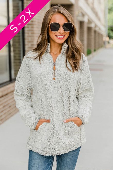 Snowy Daydreams Light Grey Sherpa Quarter Zip Pullover CLEARANCE | The Pink Lily Boutique