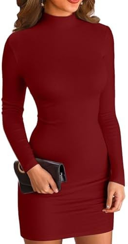 VICHYIE Women Mock Neck Ribbed Bodycon Dress Long Sleeve Mini Pencil Dresses | Amazon (US)