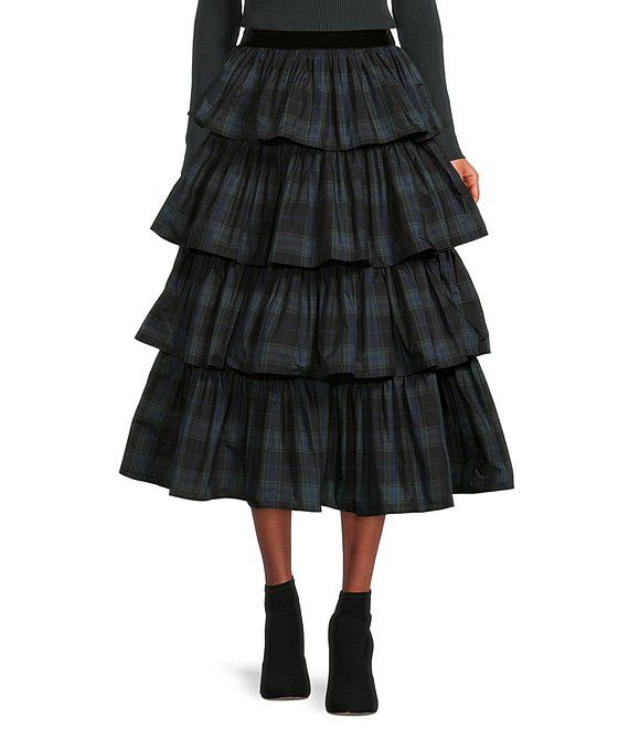 Plaid Print Tiered Channing A-Line Tea Length Skirt | Dillard's
