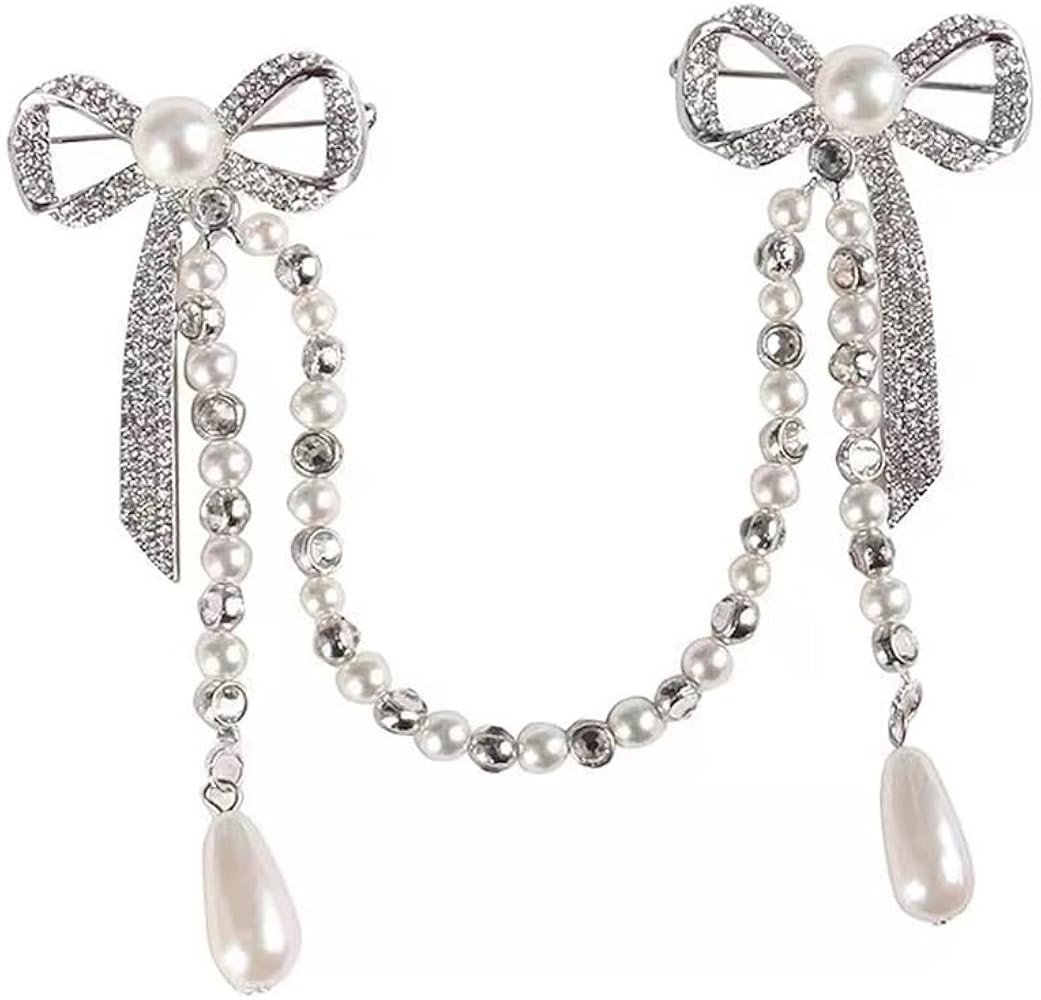 Suits Pearl Double Bow pearl Chain Brooch Pearl-Crystal Anti-exposure bowknot tassel brooch for g... | Amazon (US)