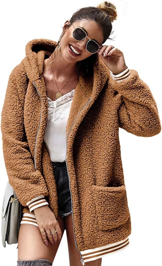 LOMON Cardigan for Women Oversized Fuzzy Fleece Long Sleeve Open Front Hooded Jacket Coat Winter ... | Amazon (US)