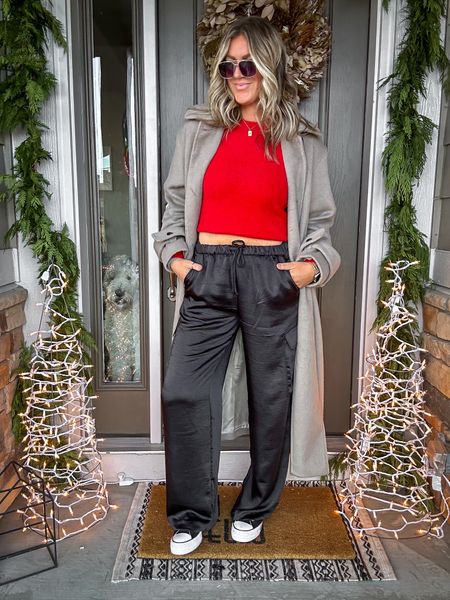 Casual holiday outfit
Red sweater - medium tall
Satin cargo pants - medium tall
Sneakers - 10.5 (run half size big)
Coat - 8 tall, fits super oversized, can size down 1-2x. Comes in tall, reg, petite and curve 

#LTKmidsize #LTKHoliday