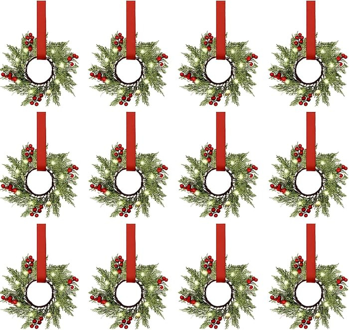 Xinnun 12 Pcs Mini Christmas Wreath for Cabinets Kitchen with LED Lights 8.66 Inch Lighted Hangin... | Amazon (US)