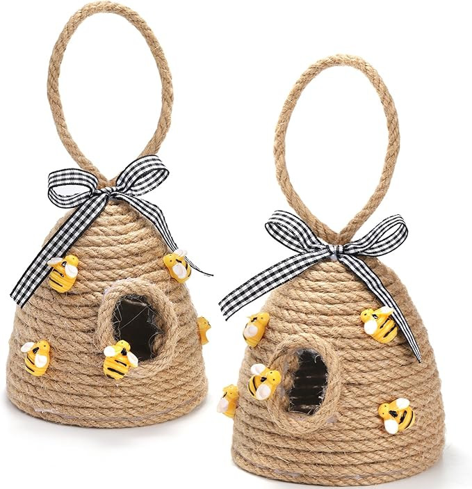 Hedume 2 Pack Bee Hive Decor with Loop, Mini Bee Hive Farmhouse Bees Tiered Tray Decor, Spring Su... | Amazon (US)