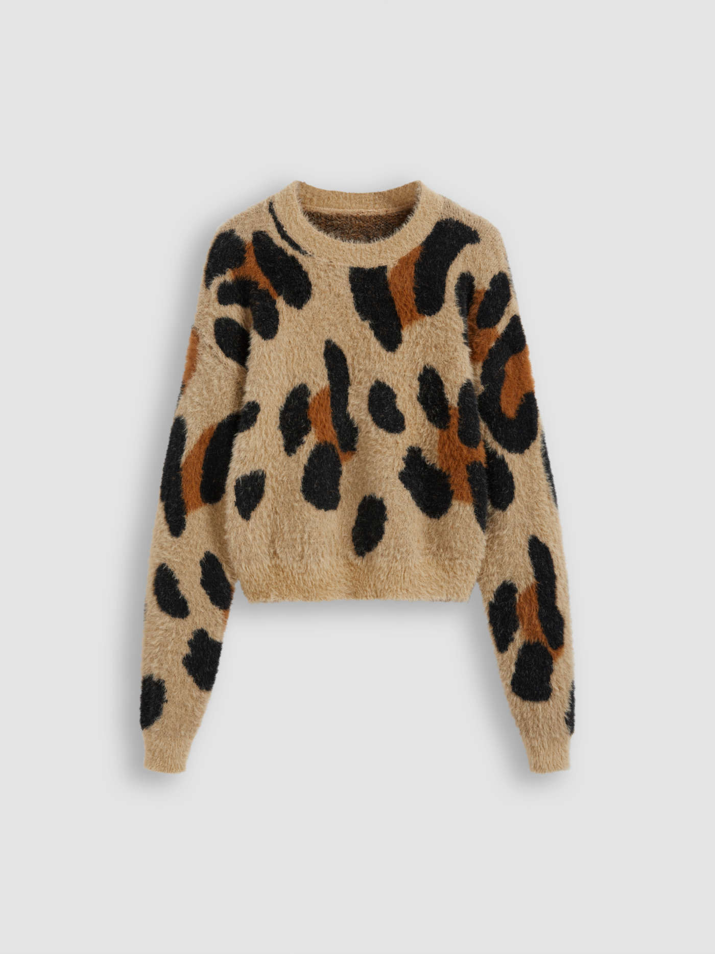 Knit Fabric Knitted Round Neckline Leopard Crop Sweater For Daily Casual | Cider