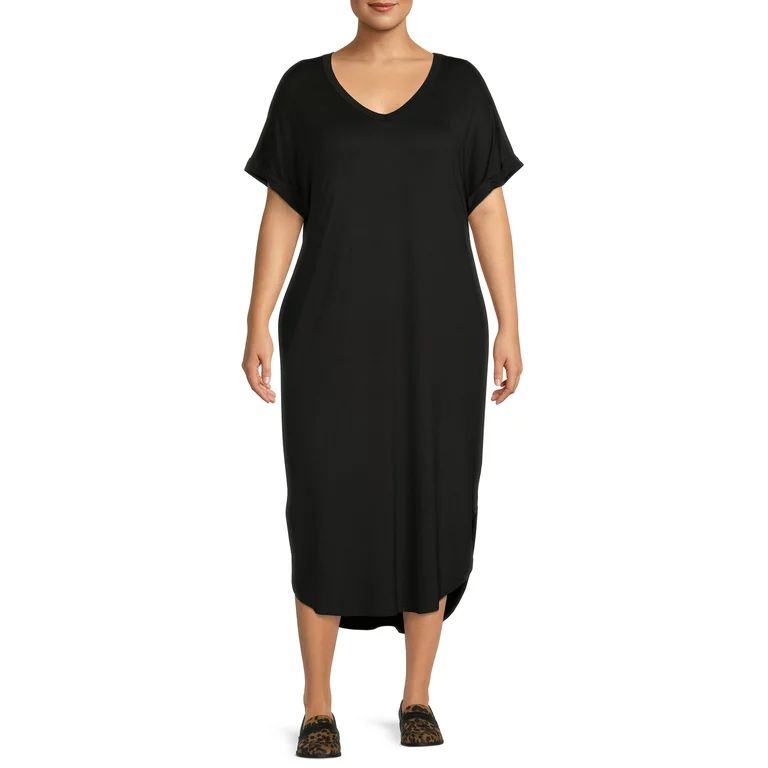 Terra & Sky Women's Plus Size V-Neck T-Shirt Midi Dress - Walmart.com | Walmart (US)