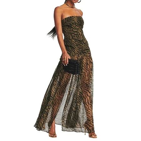 Lnzyyephy Women’s Tube Top Dress Slim Strapless Backless Mesh Patchwork Tropical Leopard Print High Slit Long Dress for Party Club Night | Walmart (US)