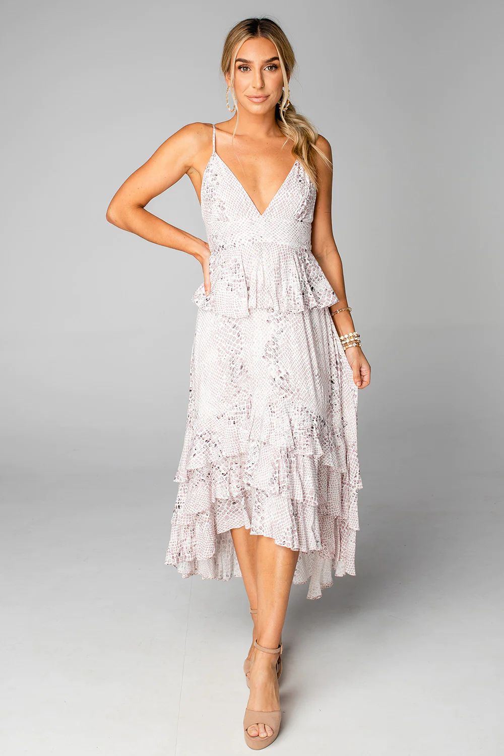 Georgia Ruffled Tiered Sleeveless High-Low Dress - Pebble | BuddyLove