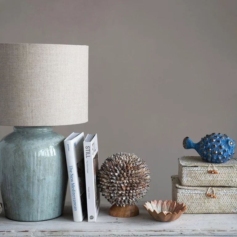 Creative Co-Op Coastal Aqua Blue Ceramic Stoneware Table Lamp with Natural Ivory Linen Shade, Rea... | Walmart (US)
