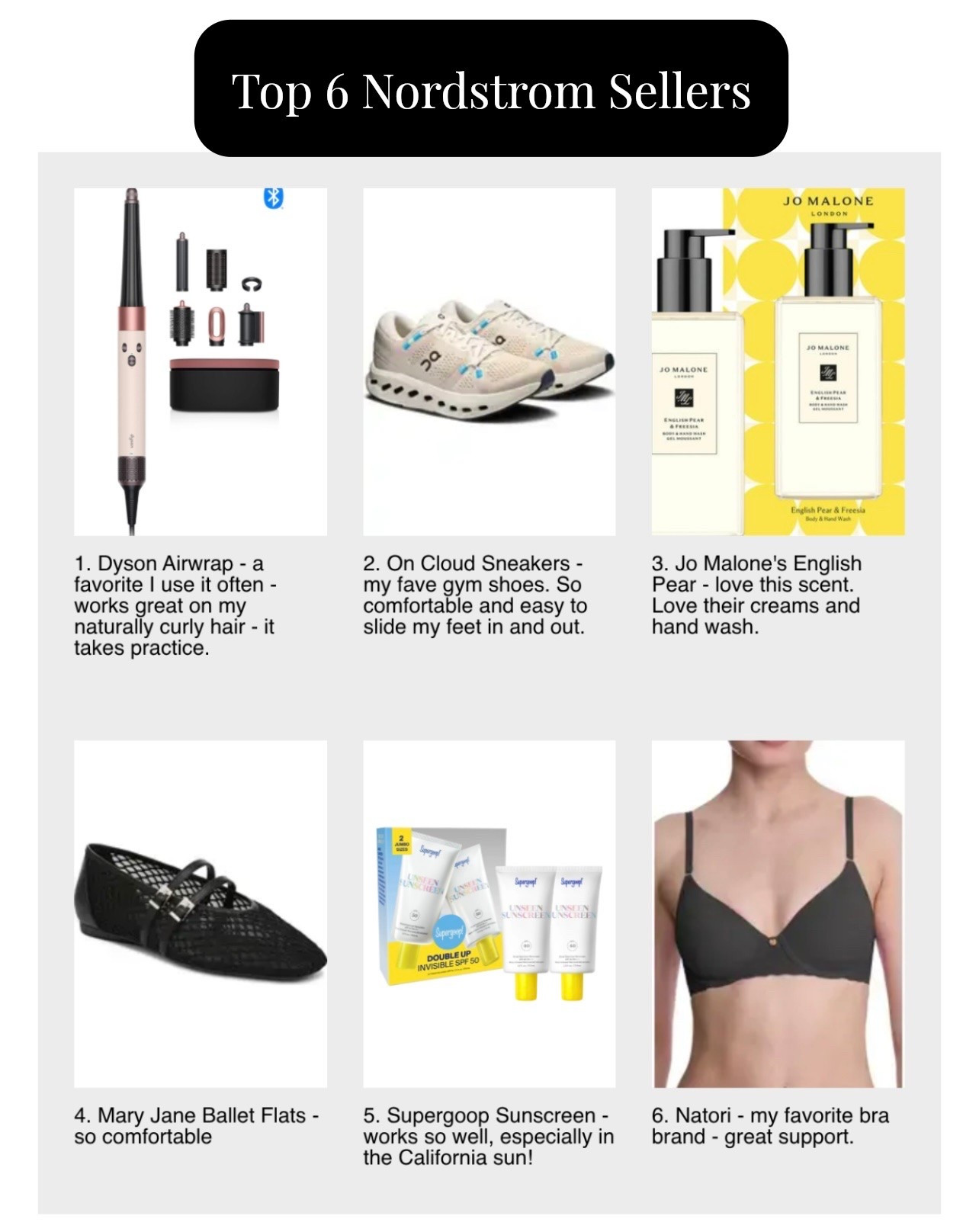 Here are the top 6 sellers from the Nordstrom anniversary sale. 

1. Dyson air wrap - I love it. Works so well. 
2. On cloud sneakers
3. Jo Malone English pear hand wash
4. Naturalizer baller flats
5. Supergoop sunscreen
6. Natori bra

#LTKSaleAlert