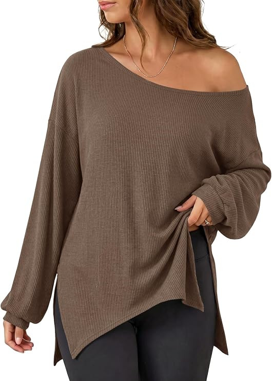 Fisoew Womens Off The Shoulder Sweatshirts Oversized Long Sleeve Ribbed Knit Pullover Tops Casual... | Amazon (US)