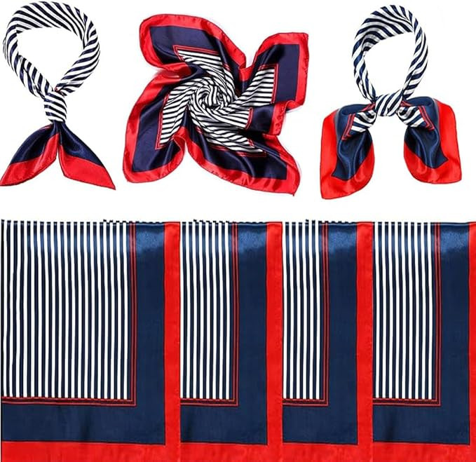 4 Pieces Sailor Scarf Stain Flight Attendant Scarf Square 20 Inch Red White Blue Stripe for Women... | Amazon (US)