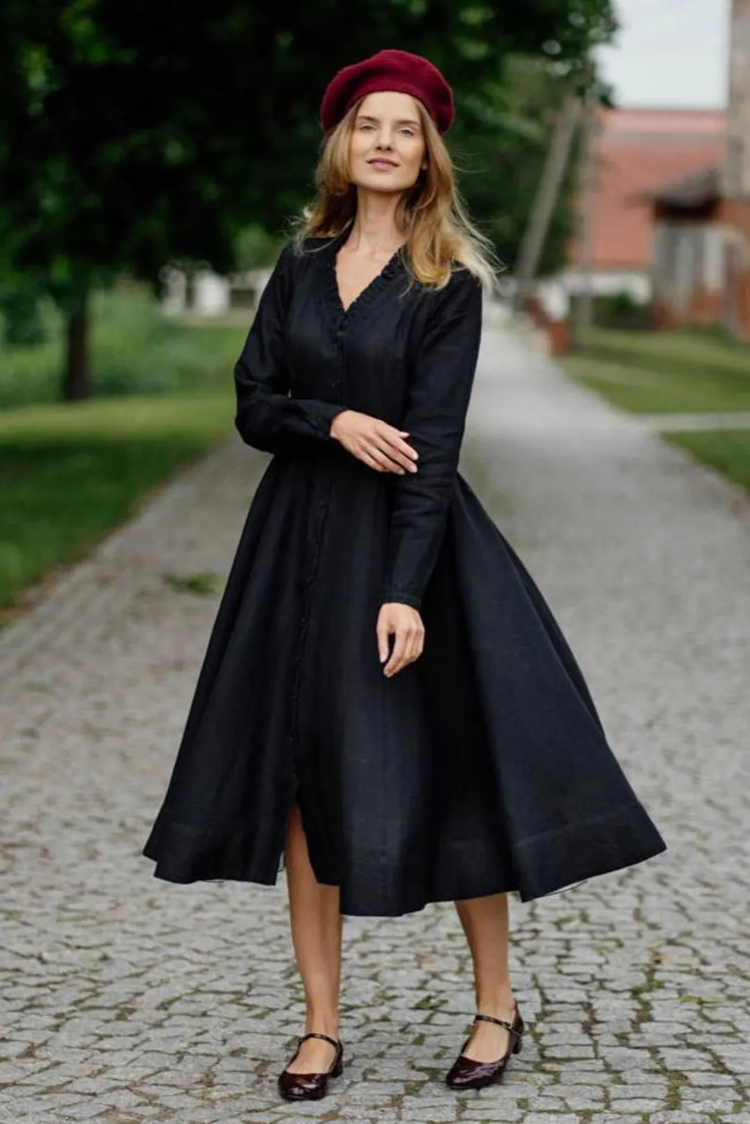 Ophelia - Gerafftes Leinen Midi Kleid mit V-Ausschnitt - Etsy.de | Etsy (US)