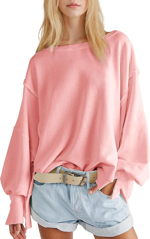 Hixiaohe Women's Oversized Crewneck Sweatshirts Casual Long Sleeve Side Split Pullover Tops Fall ... | Amazon (US)