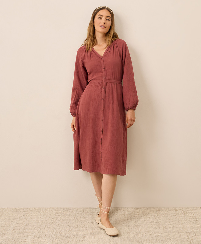 Women’s Coastal Double Gauze Poet Sleeve Dress made with Organic Cotton | Pact | Pact Apparel