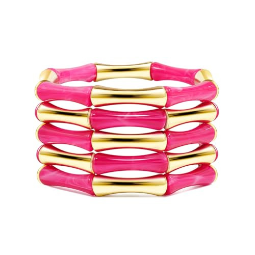 Amazon.com: Gold Tube Bangle Bracelets for Women Stackable Bamboo Chunky Acrylic Beads Stretch Fr... | Amazon (US)