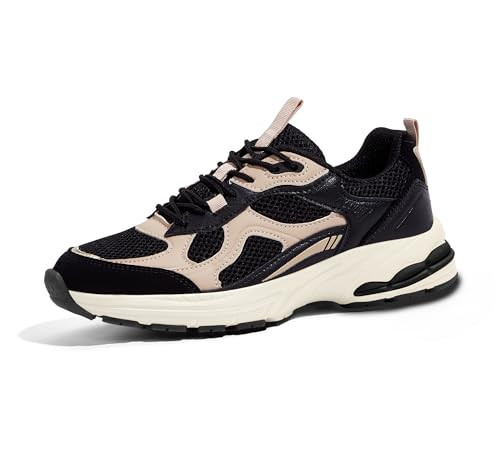 LUCKY STEP Women's Platform Chunky Fashion Sneakers Mesh Casual Running Tennis Workout Sport Work Trendy Athletic Walking Shoes (Black/Beige,11 US) | Amazon (US)