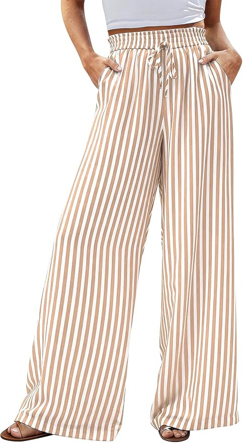 CFLONGE Palazzo Pants for Women Casual 2026 Summer High Waist Floral Wide Leg Striped Pant Flowy ... | Amazon (US)