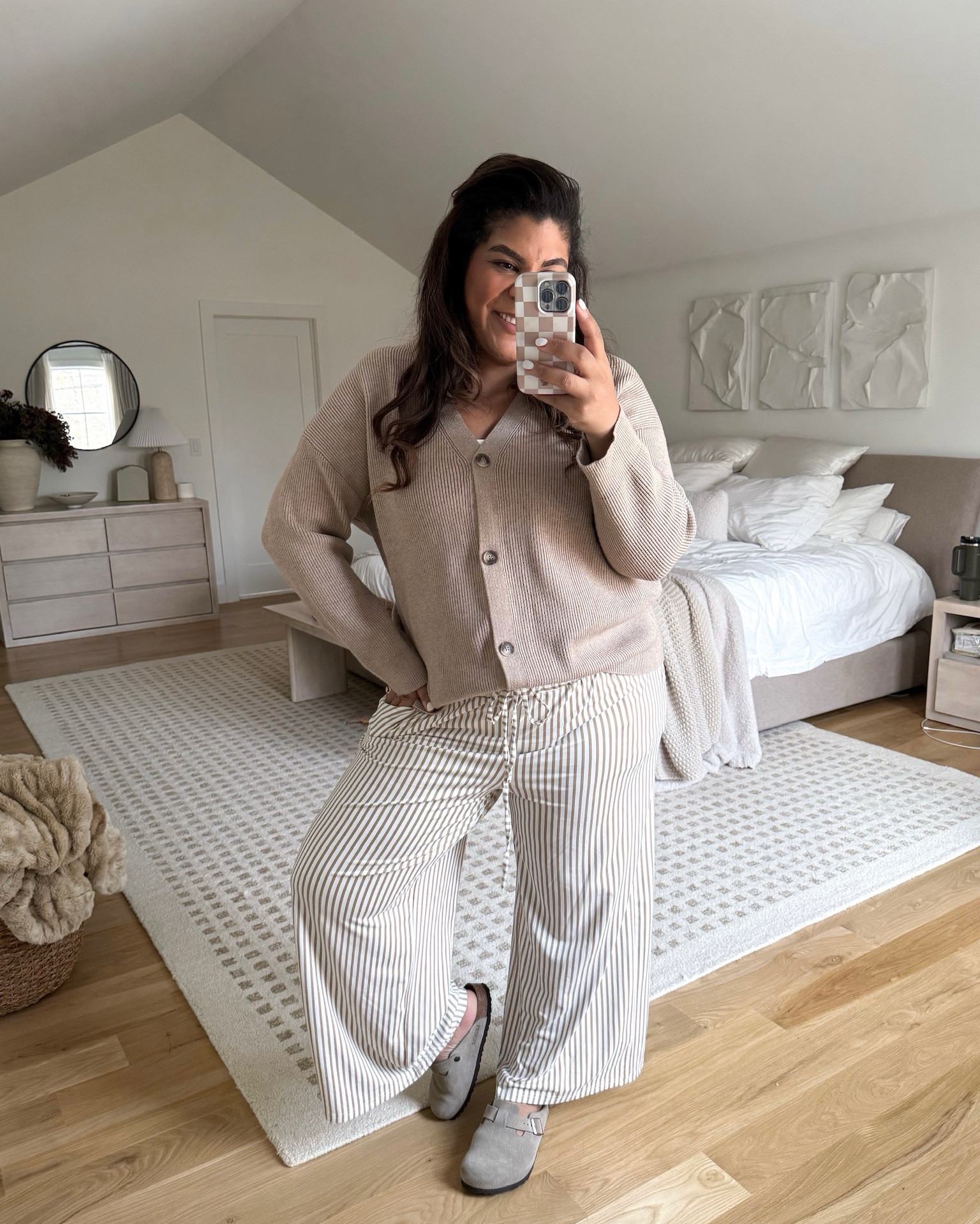 midsize ootd — just relaxed at home in my comfy striped pants and cozy cardigan, perfect for lounging! I’m 5’9” size 12/XL & 23 weeks pregnant wearing a size XL in sweater & XL in pants 

#LTKBump #LTKMidsize #LTKootd