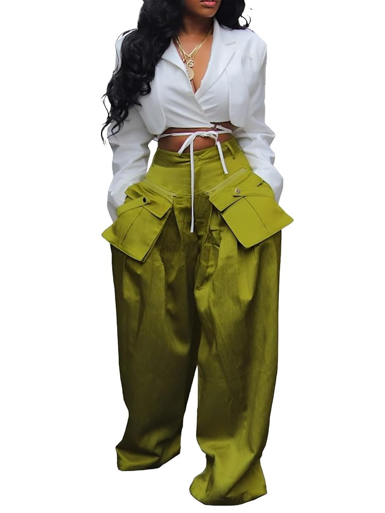Women's High Waisted Wide Leg Satin Cargo Pants Flowy Trousers with Zipper Pockets | Amazon (US)