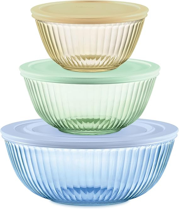 Pyrex Colors Tinted (3-Pack, Full Set) Sculpted Tinted Glass Mixing Bowls With Lids, Nesting Spac... | Amazon (US)