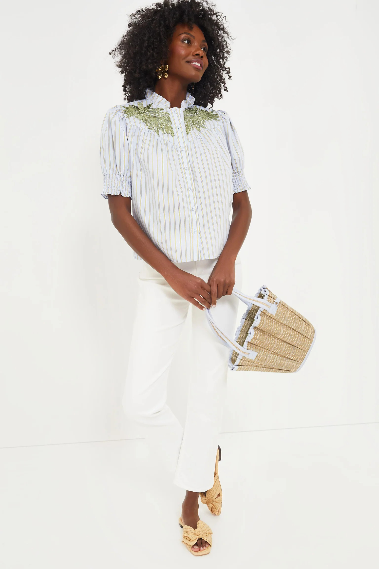 Embroidered Blue and Tan Stripe Nicole Shirt | Tuckernuck (US)