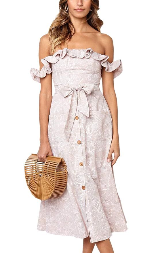Angashion Women's Sleeveless Off Shoulder Ruffles Midi Long Dress Floral Print Tie Waist Maxi Dre... | Amazon (US)