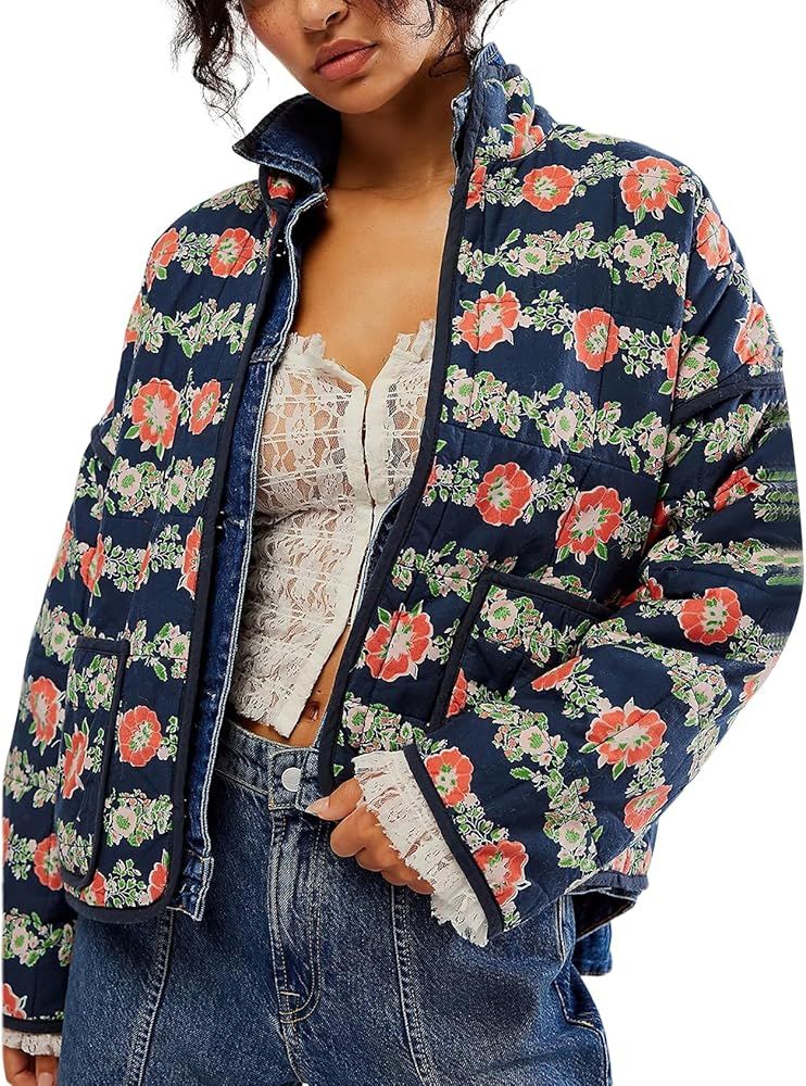 Yimoon Women's Cropped Puffer Quilted Jacket Vintage Floral Print Open Front Lightweight Short Ja... | Amazon (US)