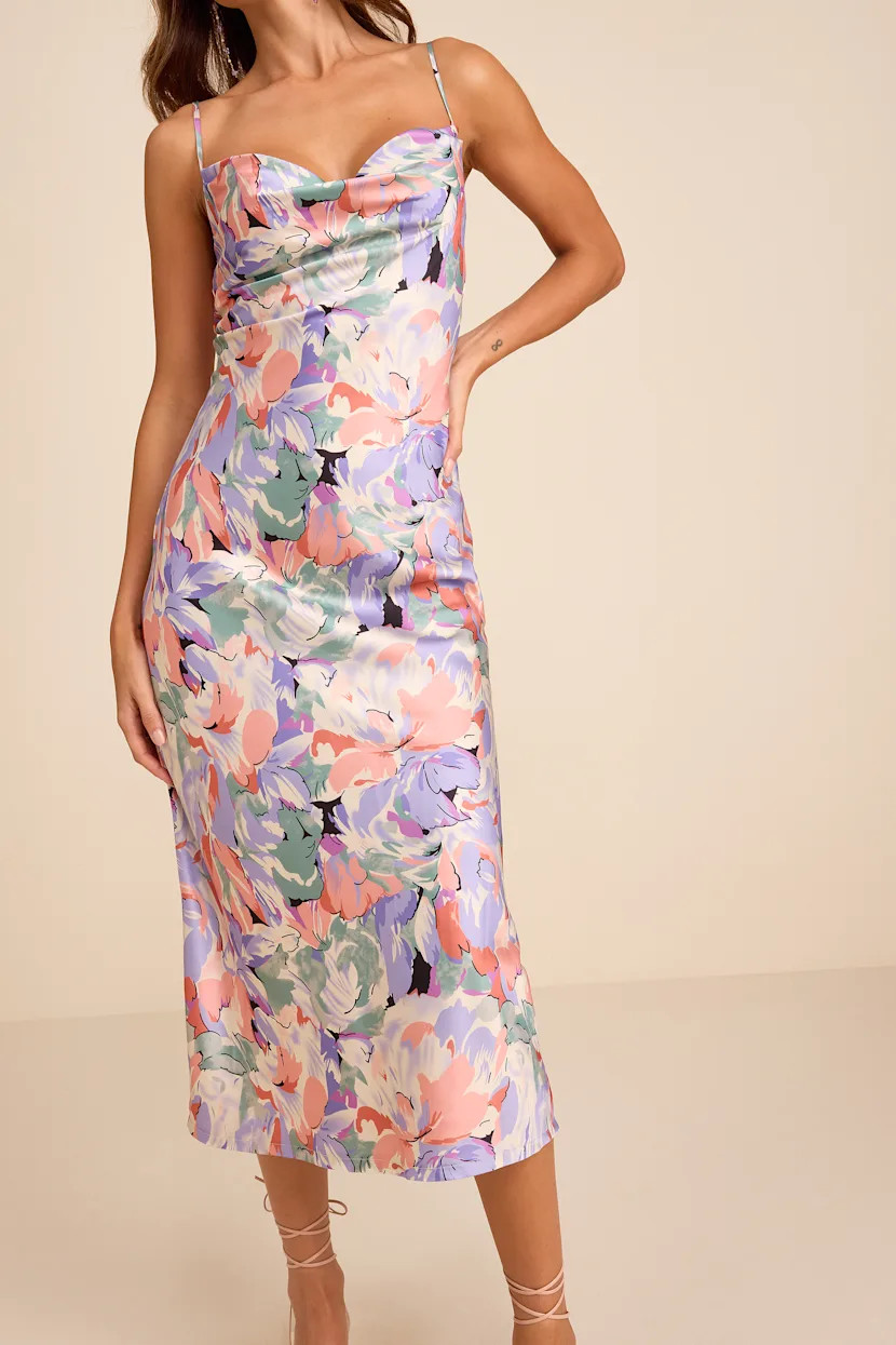 Favorite Icon Lavender Floral Satin Cowl Neck Slip Midi Dress | Lulus