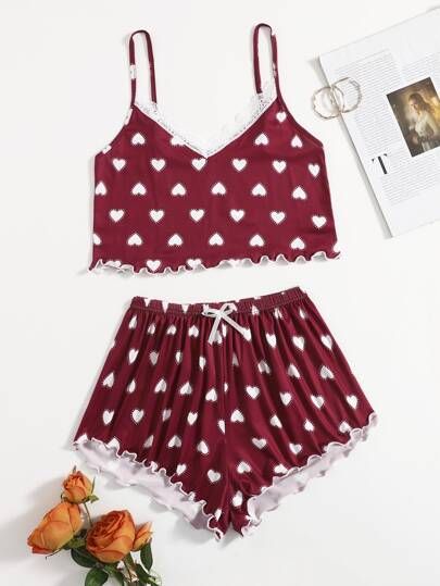 Lace Panel Heart Print Cami Pyjama Set | SHEIN