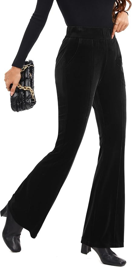 FUNYYZO Velvet Pants Women Flare Pull On Elastic Waist Holiday Outfits | Velvet, Glitter Style, H... | Amazon (US)