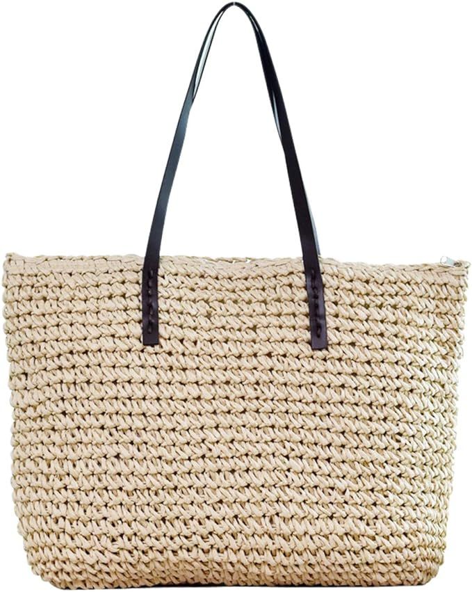 Ayliss Women Straw Woven Tote Large Beach Handmade Weaving Shoulder Bag Handbag (Square Beige #1) | Amazon (US)