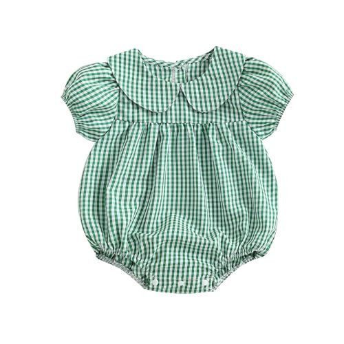 Baby Girl Summer Outfit Plaid Print Peter Pan Collar Short Sleeve Bubble Romper Gingham Bodysuit Infant Spring Clothes (Green, 0-3 Months) | Amazon (US)