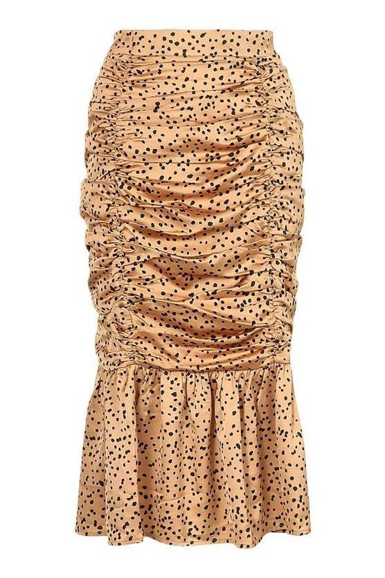 Ruched Front Pep Hem Spot Midi Skirt | Boohoo.com (UK & IE)
