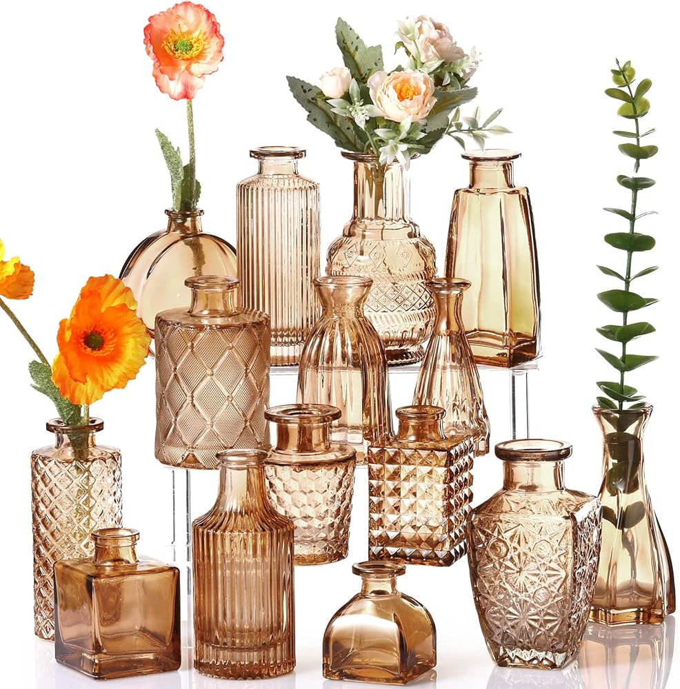 Mumufy 16 Pcs Amber Bud Vases Small Vases for Flowers Bulk Glass Bud Vase Embossed Wedding Decor ... | Amazon (US)