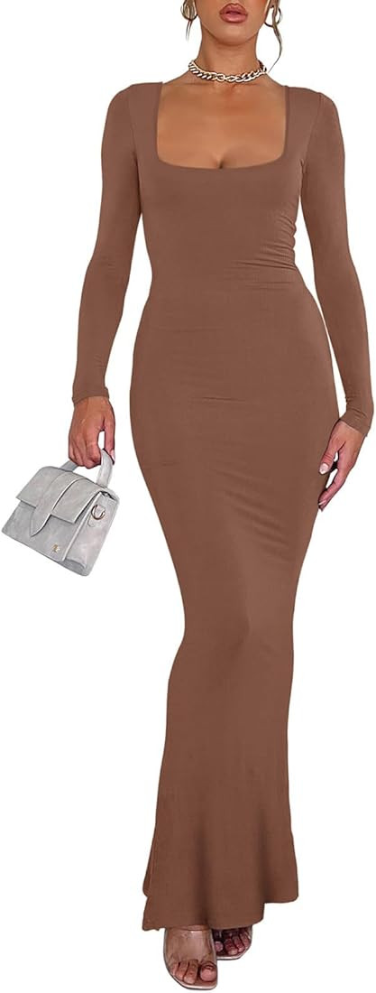 Ezbelle Women's Sexy Long Sleeve Bodycon Maxi Dresses Fall Lounge Elegant Scoop Neck Ribbed Long ... | Amazon (US)
