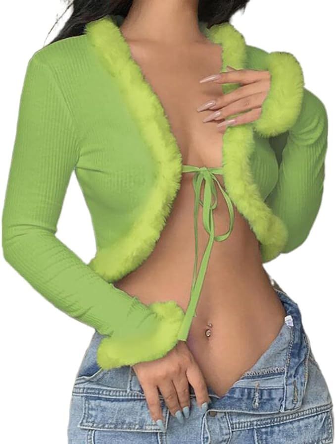 KnniMorning TEES Sexy Women Long Sleeve Tie-up Cardigan Deep V Solid Crop Tops Fur Trim Fashion K... | Amazon (US)