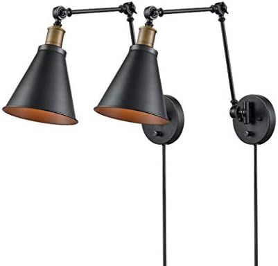 CLAXY Industrial Black and Antique Brass Swing Arm Wall Light Functional Sconce Light-2 Pack | Amazon (US)