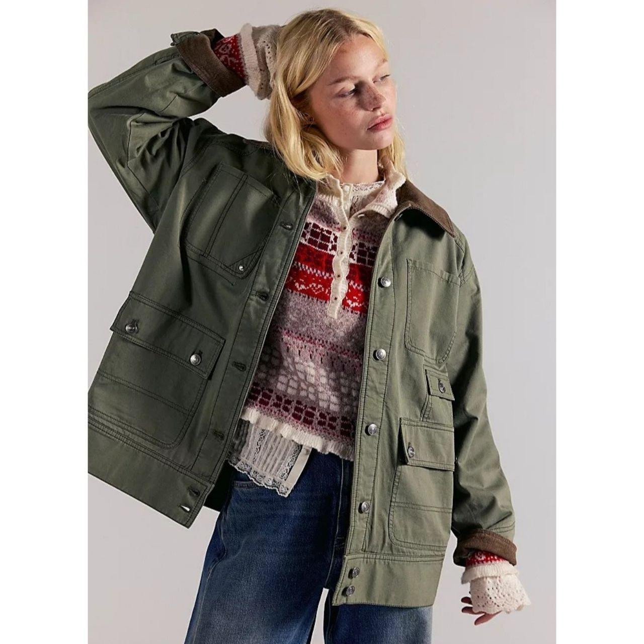 Free People Women's Casual Jacket - Green/Brown | Depop US