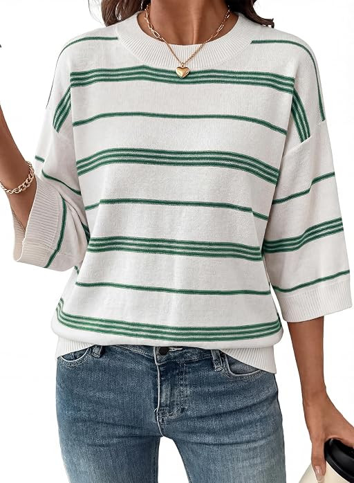 Dokotoo Womens Sweaters Oversized 3/4 Sleeve Striped Lightweight Knit Tops | Amazon (US)
