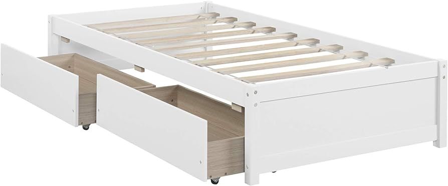 Twin Platform Bed with 2 Storage Drawers, Wood Twin Size Bed with Support Slats, Twin Bed Frame f... | Amazon (US)