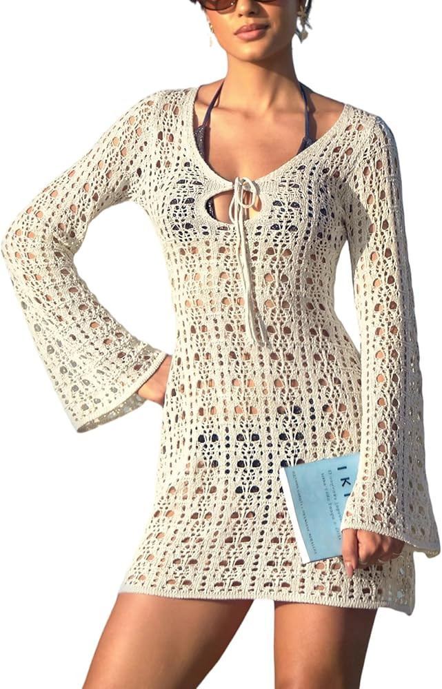 CUPSHE Women's Crochet Swimsuit Coverup Dress Long Sleeve Tie Front Beach Cover Ups Summer Mini C... | Amazon (US)