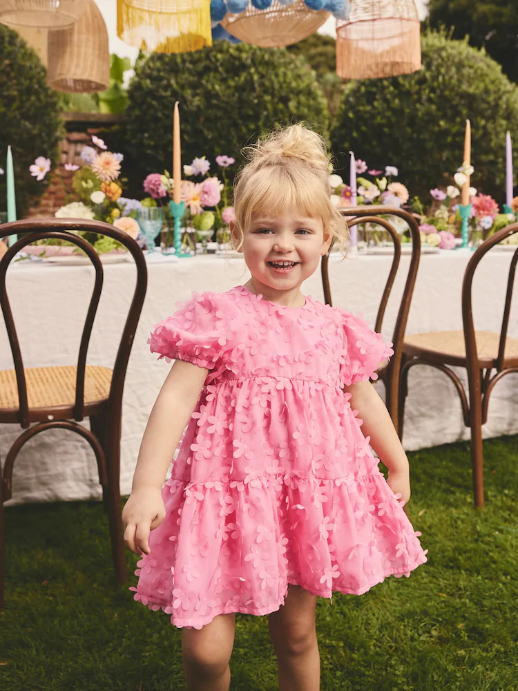Bright Pink Short Sleeve 3D Flowers Dress (3mths-8yrs) | Next US