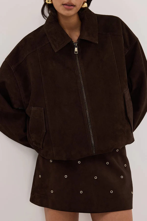 DENVER BITTER CHOC SUEDE LEATHER BOMBER JACKET | DISSH
