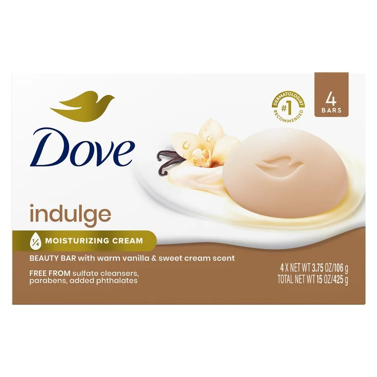 Dove Indulge Soap Bar Warm Vanilla + Sweet Cream For Hydrated & Soft Skin 3.75 oz, 4 Bars | Walmart (US)