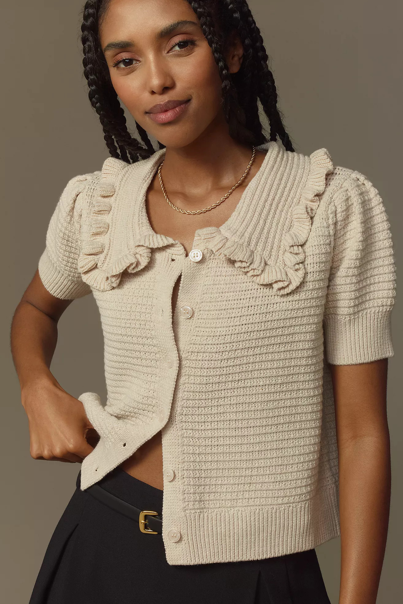 The Ainsley Ruffle-Collar Cardigan Sweater by Self Contrast: Short-Sleeve Edition | Anthropologie (US)